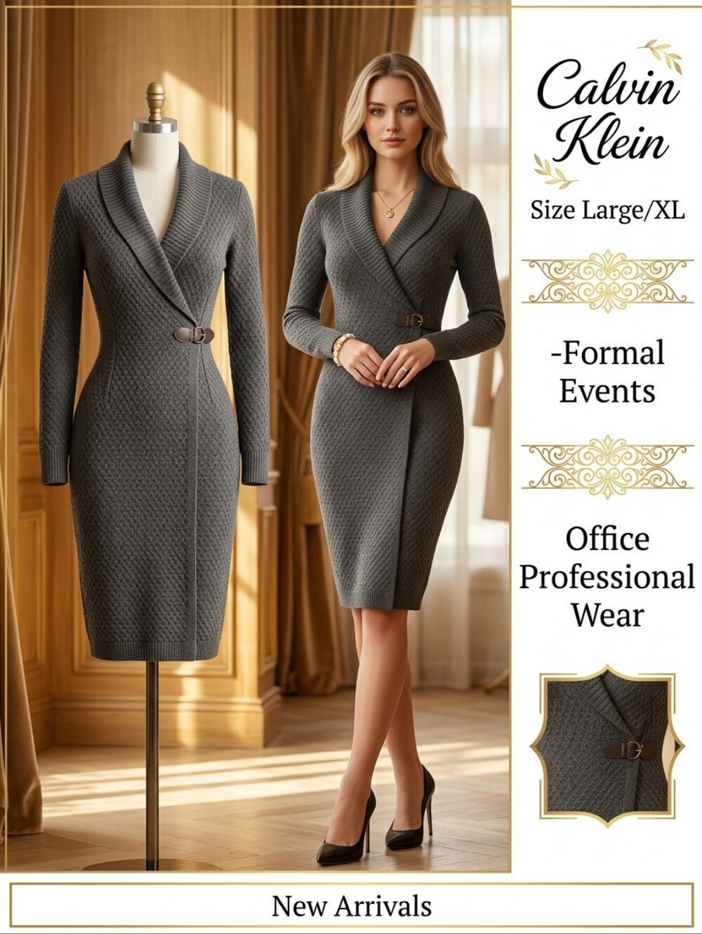 Calvin Klein Charcoal Gray Faux Wrap Sweater Dress Diamond Weave Knit Size L/XL